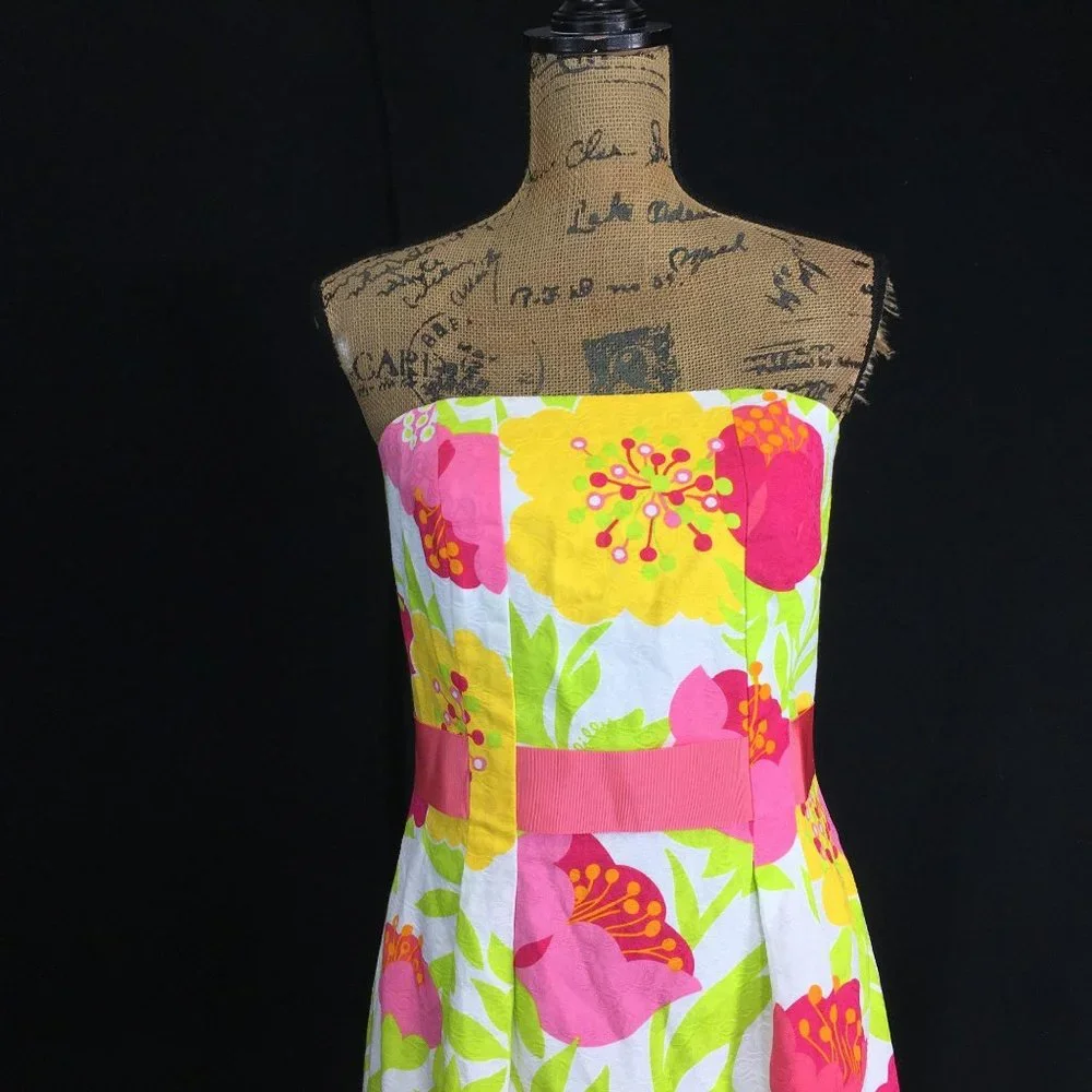 Lilly Pulitzer Dress Size 8 Bold Jumbo Floral Punch Cotton Knee Length Strapless - Picture 3 of 8